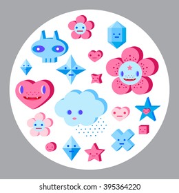 Cute cartoon trees, flowers and small characters set. Pink, light pink, blue, light blue, sky blue, vinous.