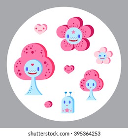 Cute cartoon trees, flowers and small characters set. Pink, light pink, blue, light blue, sky blue, vinous.