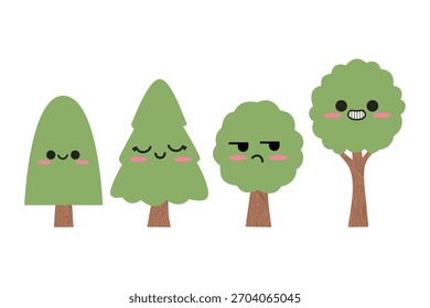 Lindos árboles de dibujos animados y el bosque conjunto de personajes. Colección de mascota de planta feliz y amigable