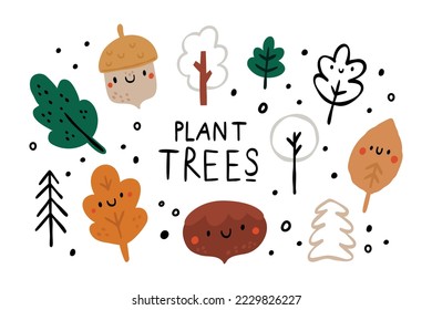 Árboles de dibujos animados y ilustración vectorial de hojas. Plantar más árboles. Guardar el concepto de bosque. Roble, bellota, pino, hojas de castaño. Huella natural al estilo escandinavo