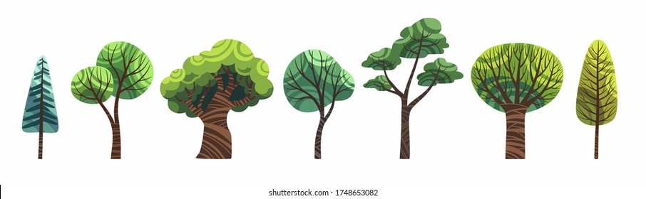Cute cartoon trees set isolated on white vector. Old and young, big and small green trees stock flat illustration, clip art for childrens book.