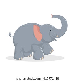 Cute cartoon trendy design cheerful elephant with closed eyes . African or tropical animals wildlife vector illustration sticker icon.