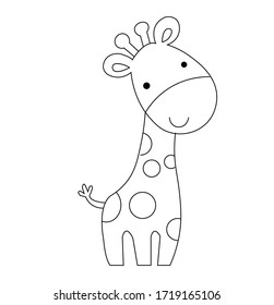 Cute cartoon trendy design little giraffe with closed eyes. vector illustration. For cartoon education, pre school education, kindergarten and kids and children. Coloring page and books, outline 