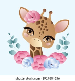 Cute cartoon trendy design little giraffe with flowers. African animal wildlife vector illustration icon. Postcart spring or mothers day. 