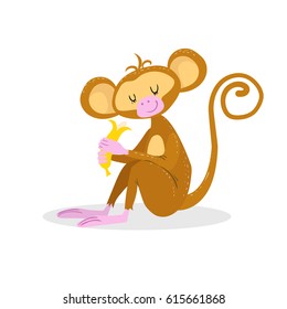 Cute cartoon trendy design little monkey enjoys banana with closed eyes. African animal wildlife vector illustration icon.