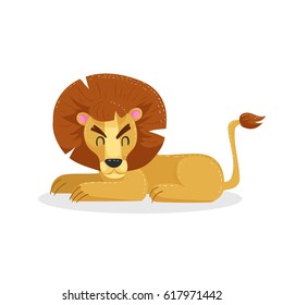 Cute cartoon trendy design little lion rest with closed eyes. African animal wildlife vector illustration sticker.