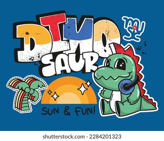 Cute Cartoon t-rex Dinosaurier mit Kopfhörern am Strand einzeln auf blauem Hintergrund, Vektorgrafik, Sonne und lustige Geburtstagskarte.