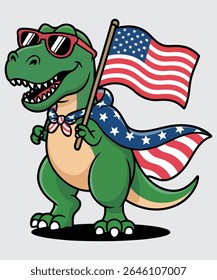 Cute cartoon T-Rex dinosaur illustration, wearing sunglasses and a cape designed with American flag colors.  The dinosaur holds a small American flag. Perfect for 4th of July or patriotic