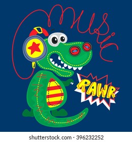 Cute cartoon t-rex dinosaur saying rawr with headphones on navy blue background illustration vector.