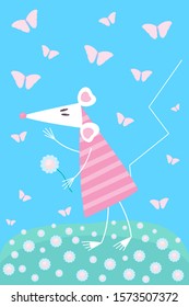 Cute cartoon triangle shaped white rat or mouse - symbol of Chinese New Year 2020 on spring or summer background. Rat with flower on the meadow among the butterflies. Can be used for calendar design.