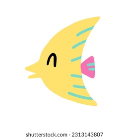Cute cartoon triangular striped fish. Happy character. Childish naive vector illustration on white background.