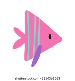 Cute cartoon triangular striped fish. Happy character. Childish naive vector illustration on white background.