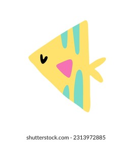 Cute cartoon triangular striped yellow fish. Happy character. Childish naive vector illustration on white background.