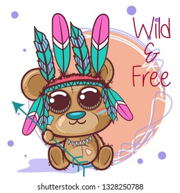 Cute Cartoon tribal bear with feathers - Vector