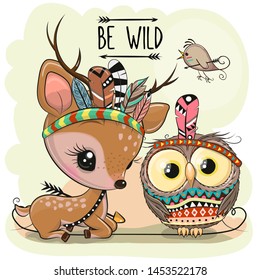 Cute Cartoon tribal Deer and owl with feathers