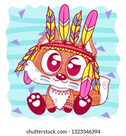 Cute Cartoon tribal Fox  with feathers - Vector
