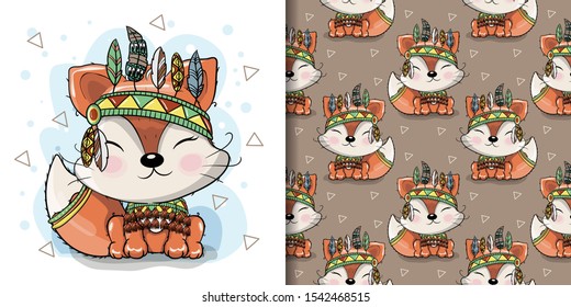 Cute Cartoon tribal Fox with feathers on a white background with pattern set