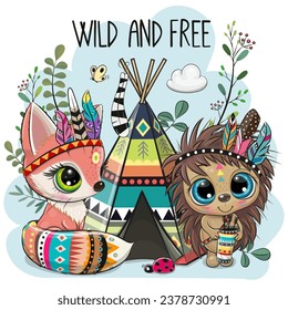 Cute Cartoon tribal Fox and Hedgehog with feathers