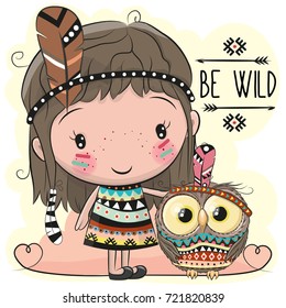 Cute Cartoon tribal girl and owl with feather