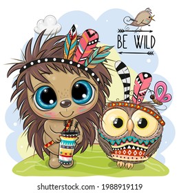 Cute Cartoon tribal Hedgehog and owl with feather