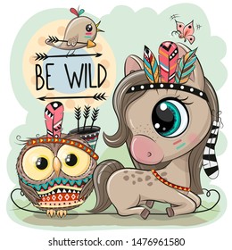 Cute Cartoon tribal Horse and owl with feathers