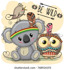 Cute Cartoon tribal Koala and owl with feather