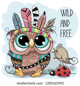 Cute Cartoon tribal Owl and bird with feathers