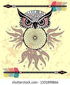 Cute Cartoon tribal Owl with feathers on a white background.