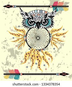 Cute Cartoon tribal Owl with feathers on a white background.