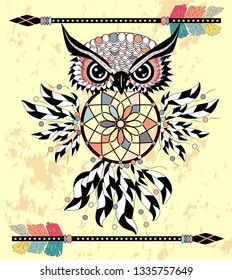 Cute Cartoon tribal Owl with feathers on a white background.