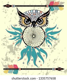 Cute Cartoon tribal Owl with feathers on a white background.