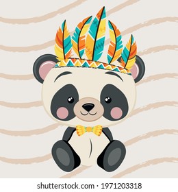 Cute Cartoon tribal Panda with feathers