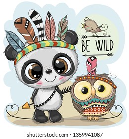 Cute Cartoon tribal Panda and owl with feathers