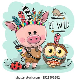 Cute Cartoon tribal Pig and owl with feathers