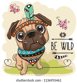 Cute Cartoon tribal Pug Dog and with a feather