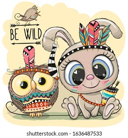 Cute Cartoon tribal Rabbit and owl with feather