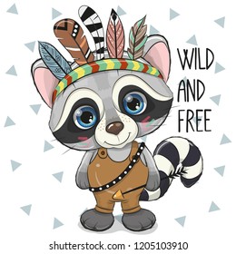 Cute Cartoon tribal Raccoon with feathers on a white background