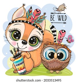 Cute Cartoon tribal squirrel and owl with feather