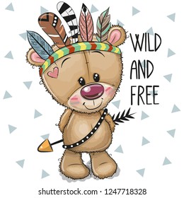 Cute Cartoon tribal Teddy Bear with feathers on a white background