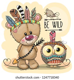 Cute Cartoon tribal Teddy Bear and owl with feathers