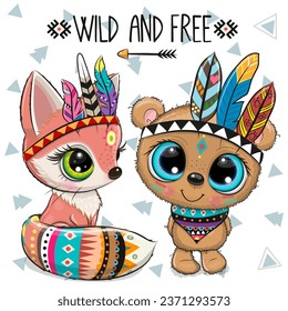 Cute Cartoon tribal Teddy Bear and Fox with feathers