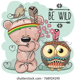 Cute Cartoon tribal Teddy Bear and owl with feather
