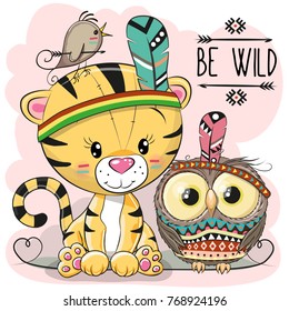 Cute Cartoon tribal Tiger and owl with feather