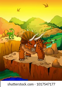 Cute cartoon triceratops with landscape background. 