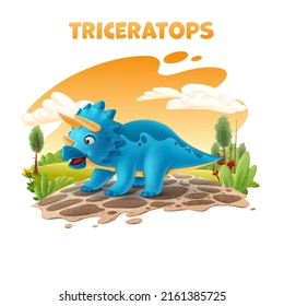 cute cartoon triceratops on rock landscape with nature trees clouds plants