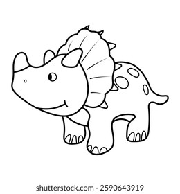 Cute Cartoon Triceratops Outline Vector Illustration. The dinosaur has a friendly smile, a large frill with small triangular horns, short legs, and a rounded body decorated with simple spots.