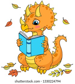 Cute cartoon triceratops reading a book with blue cower with falling leawes around. Isolated vector illustration on white background