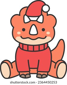 Cute cartoon triceratops in santa claus hat. Vector illustration