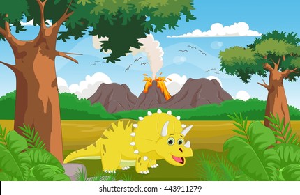 cute cartoon Triceratops with volcano background
