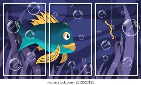 cute cartoon triptych. a cool fish among bubbles and algae looks at a worm impaled on a fishing hook. three images in white thin frames. vector